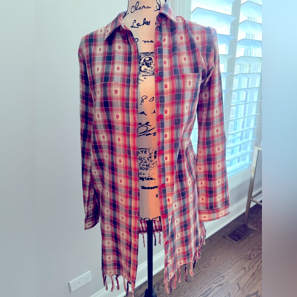 Plaid western duster shirt with fringe